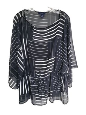 Chaps Black & White Striped Sheer Drawstring Waist Tunic